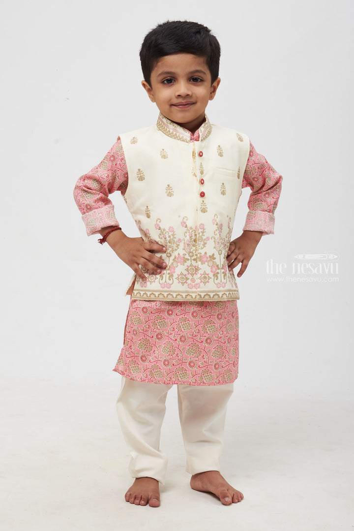 The Nesavu Boys Jacket Sets Boys' Floral Printed Pink Kurta with Half White Overcoat & Pant Set - Traditional Festive Ensemble Nesavu 14 (6M) / Pink / Modal BES404A-14 Festive Floral Printed Pink Kurta Set for Boys: Traditional Half White Overcoat Pant Ensemble | The Nesavu