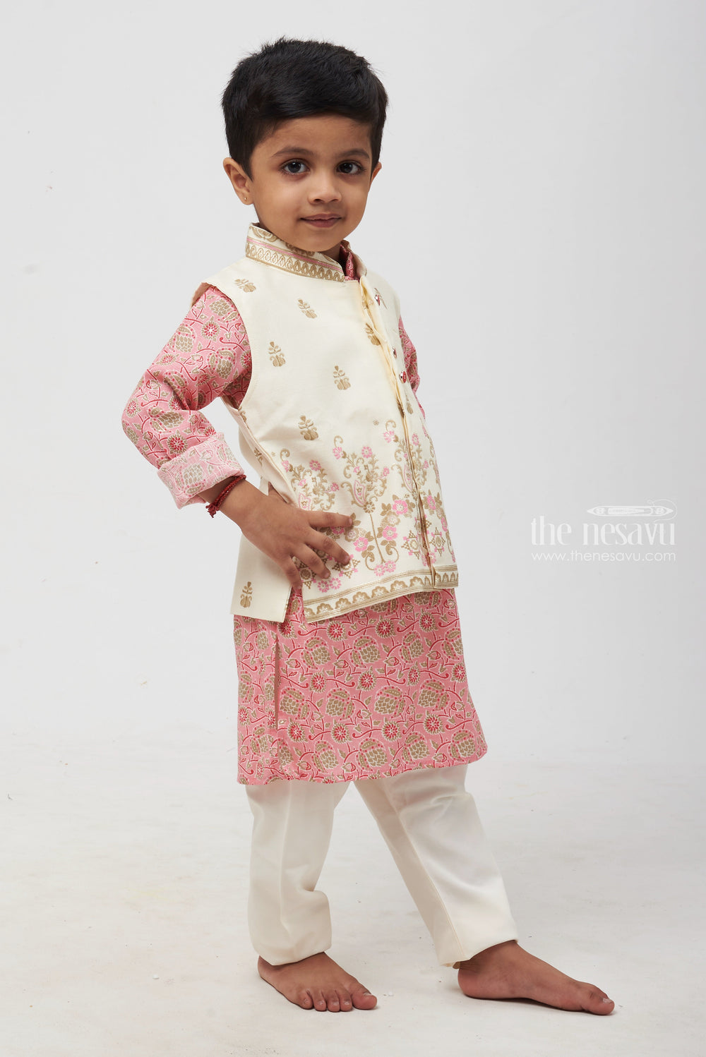 The Nesavu Boys Jacket Sets Boys' Floral Printed Pink Kurta with Half White Overcoat & Pant Set - Traditional Festive Ensemble Nesavu 14 (6M) / Pink / Modal BES404A-14 Festive Floral Printed Pink Kurta Set for Boys: Traditional Half White Overcoat Pant Ensemble | The Nesavu