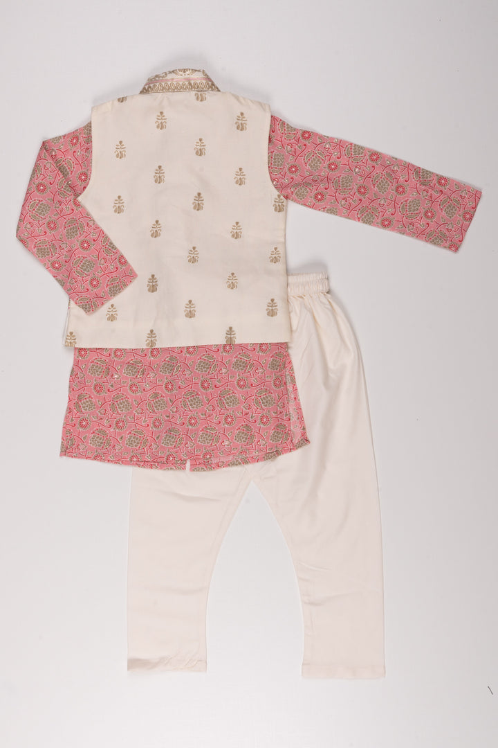 The Nesavu Boys Jacket Sets Boys' Floral Printed Pink Kurta with Half White Overcoat & Pant Set - Traditional Festive Ensemble Nesavu Festive Floral Printed Pink Kurta Set for Boys: Traditional Half White Overcoat Pant Ensemble | The Nesavu