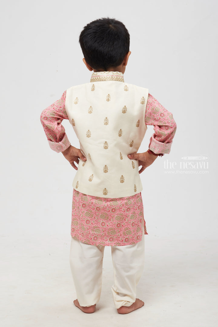 The Nesavu Boys Jacket Sets Boys' Floral Printed Pink Kurta with Half White Overcoat & Pant Set - Traditional Festive Ensemble Nesavu Festive Floral Printed Pink Kurta Set for Boys: Traditional Half White Overcoat Pant Ensemble | The Nesavu