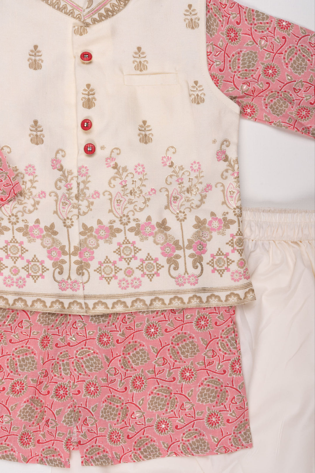 The Nesavu Boys Jacket Sets Boys' Floral Printed Pink Kurta with Half White Overcoat & Pant Set - Traditional Festive Ensemble Nesavu Festive Floral Printed Pink Kurta Set for Boys: Traditional Half White Overcoat Pant Ensemble | The Nesavu