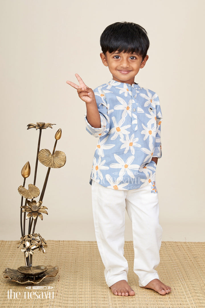 The Nesavu Boys Casual Set Boys floral printed shirt and pants cotton set for vacations and outings Nesavu 14 (6M) / Blue BCS338A-14 Nesavu boys floral printed cotton set belt pants  ideal travel casual outings