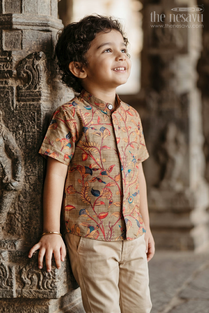 The Nesavu Boys Cotton Shirt Boys Floral Shirt for Festive Vacation Outings Nesavu 16 (1Y) / Green / Chanderi BS513A-16 Nesavu Boys Floral Shirt For Festive Vacation Outings With Chanderi Cotton And Playful Print BS513A-16