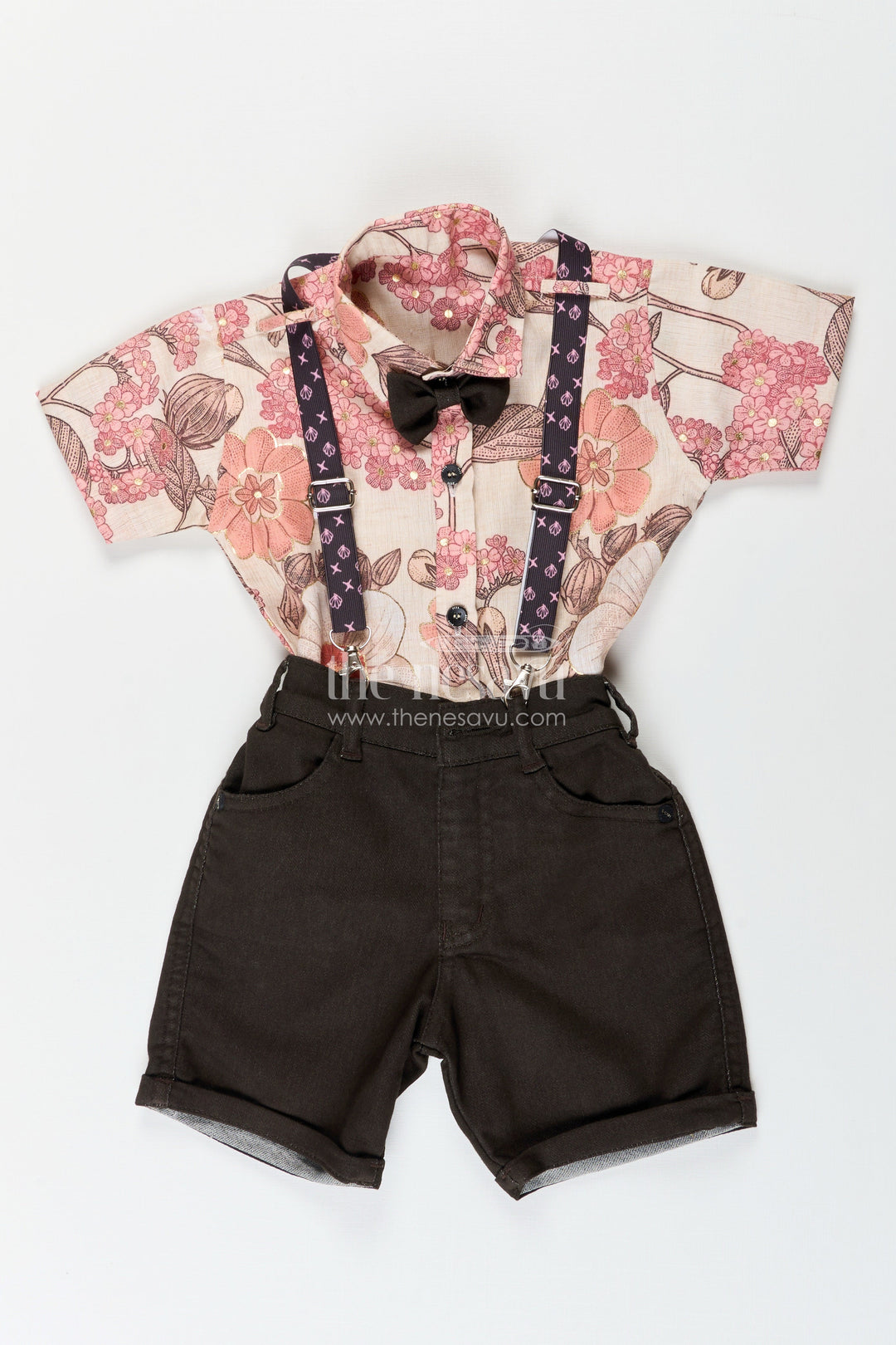 The Nesavu Boys Casual Set Boys Floral Suspender Outfit for Casual Parties and Outings Nesavu 14 (6M) / Cream BCS413A-14 Nesavu boys floral casual outfit suspenders bow tie outings parties