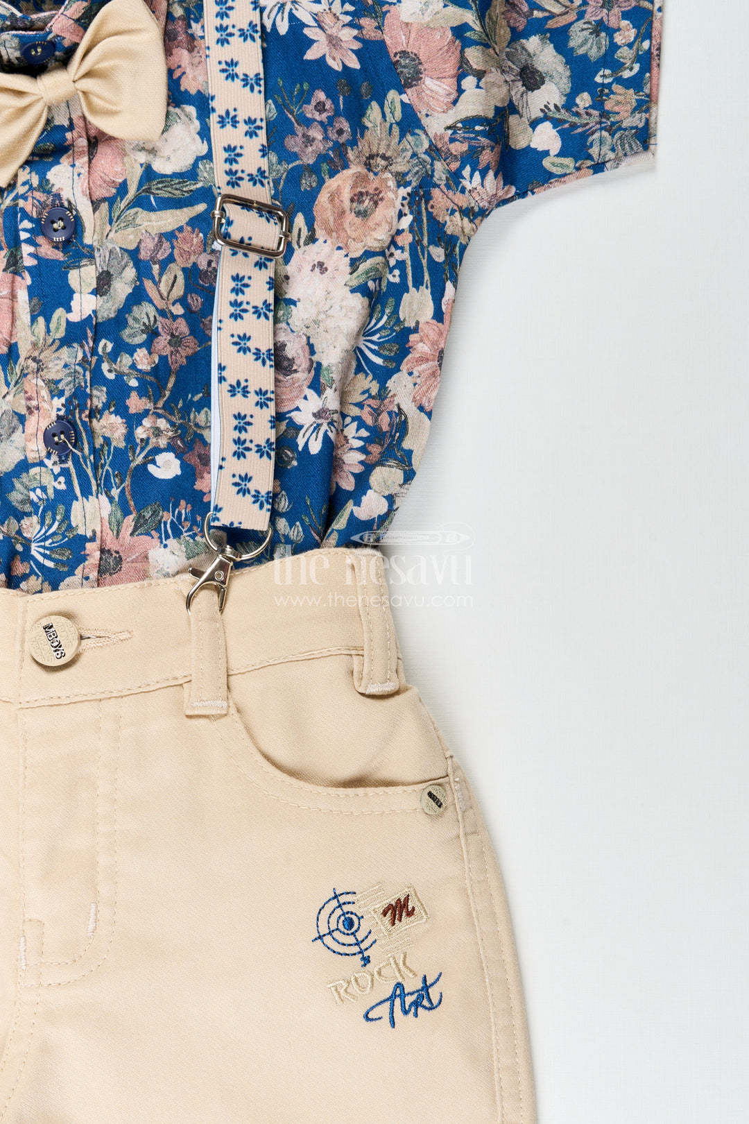 The Nesavu Boys Casual Set Boys Floral Suspender Set with Bow Tie for Birthday Or Photoshoot Nesavu Nesavu boys suspender outfit set floral shirt bow tie birthdays photoshoots