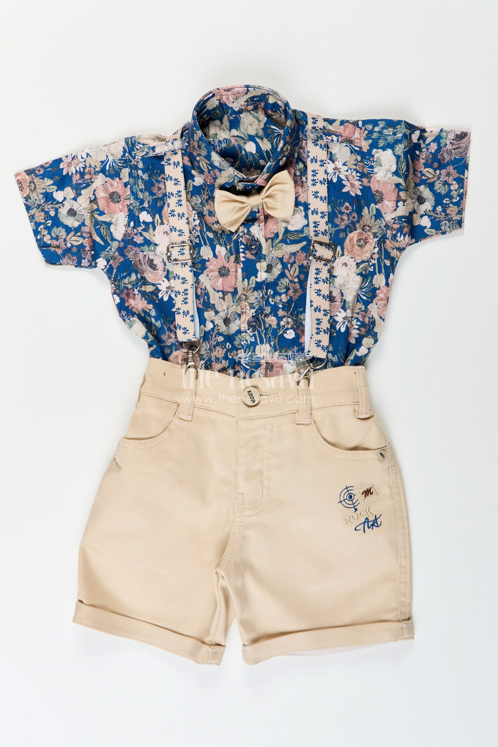 The Nesavu Boys Casual Set Boys Floral Suspender Set with Bow Tie for Birthday Or Photoshoot Nesavu Nesavu boys suspender outfit set floral shirt bow tie birthdays photoshoots