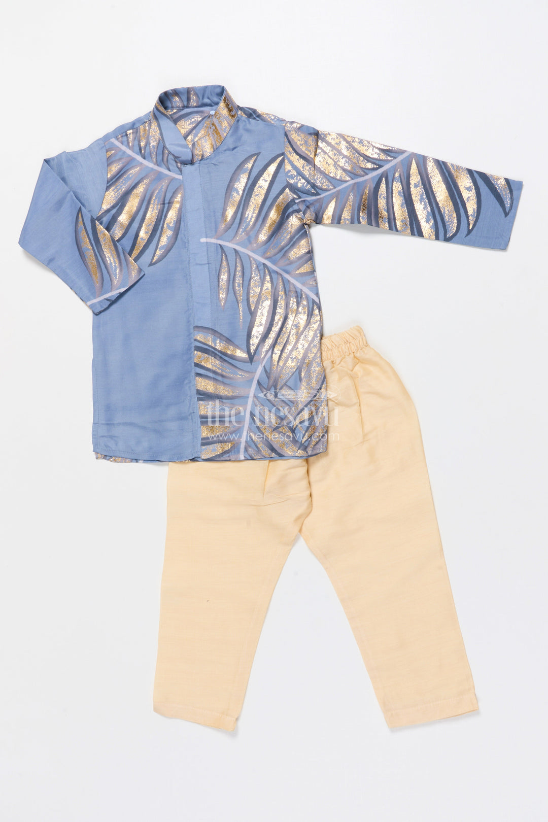 The Nesavu Boys Kurtha Set Boys Foil Print Kurta Set for Ethnic School Day and Casual Festivities Nesavu 14 (6M) / Gray BES860A-14 Nesavu boys foil print kurta set blended silk school ethnic day cultural celebrations