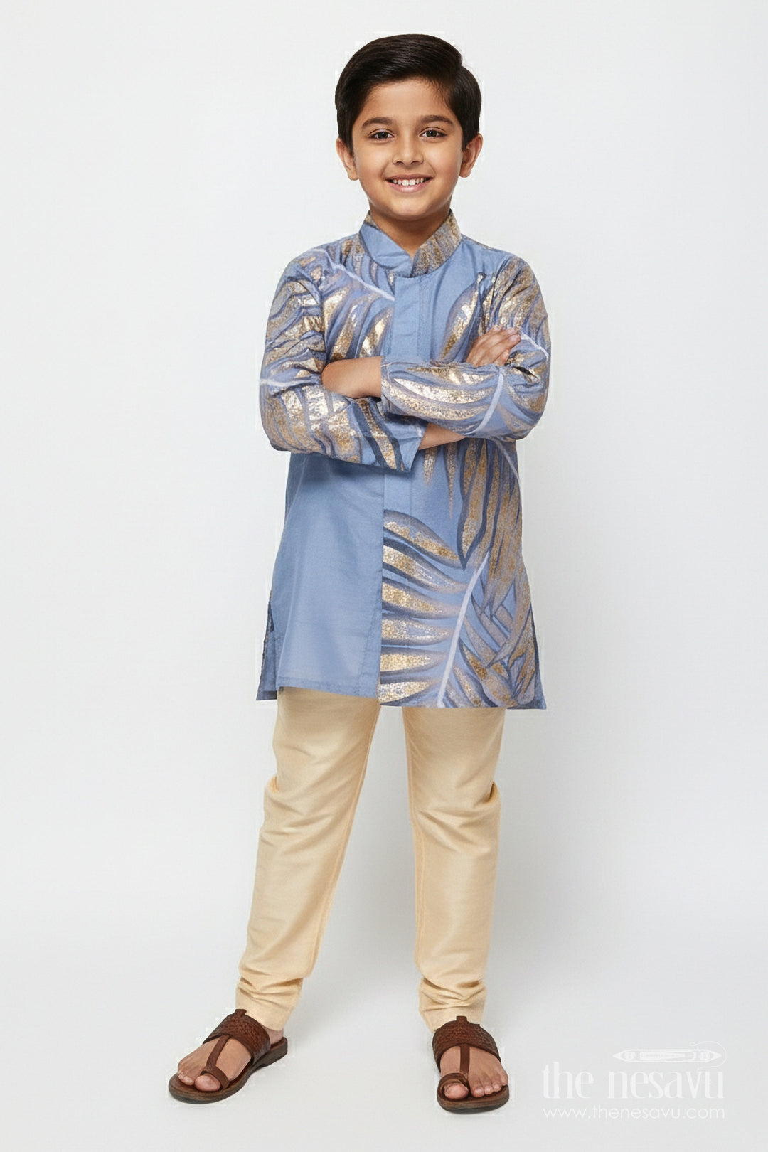 The Nesavu Boys Kurtha Set Boys Foil Print Kurta Set for Ethnic School Day and Casual Festivities Nesavu 14 (6M) / Gray BES860A-14 Nesavu boys foil print kurta set blended silk school ethnic day cultural celebrations