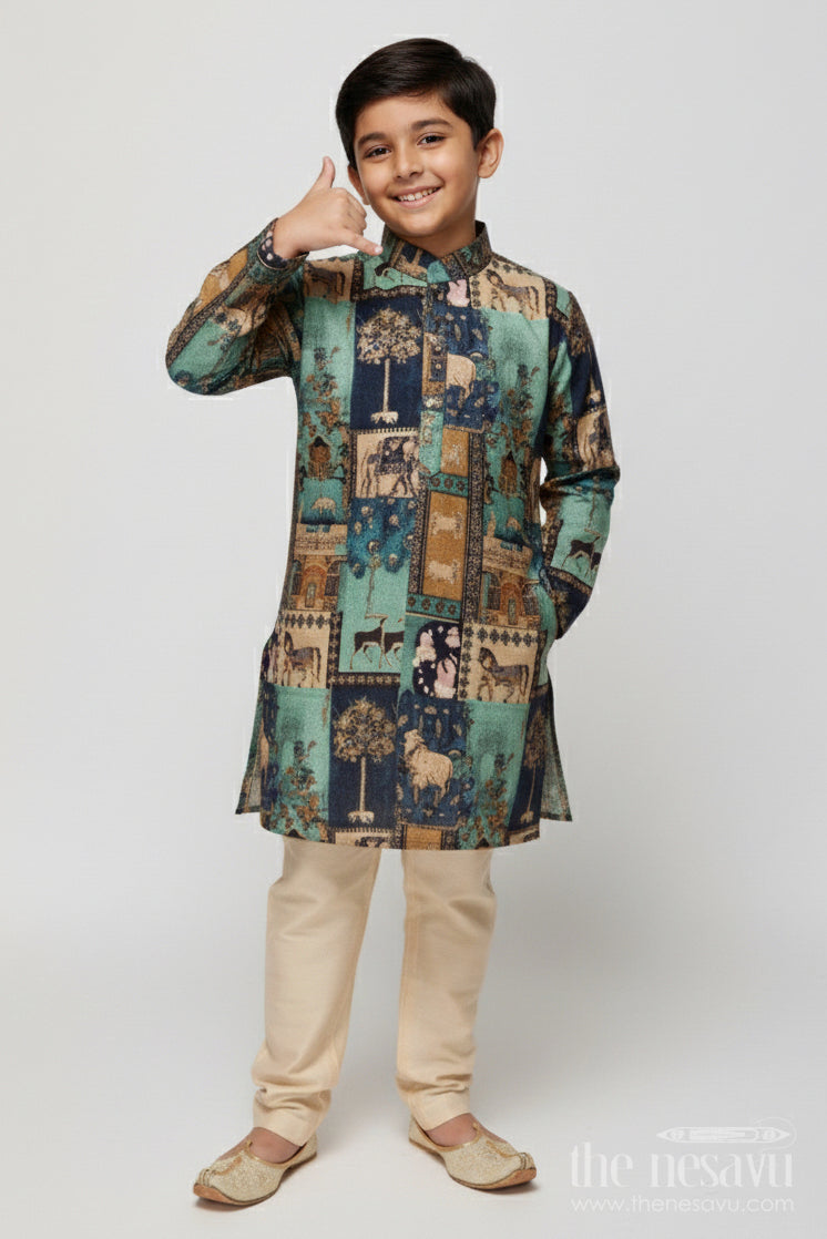 The Nesavu Boys Kurtha Set Boys Foil Print Kurta Set for Weddings and Festive Family Occasions Nesavu 16 (1Y) / Green BES853B-16 Nesavu boys foil print silk kurta set weddings ethnic family celebrations