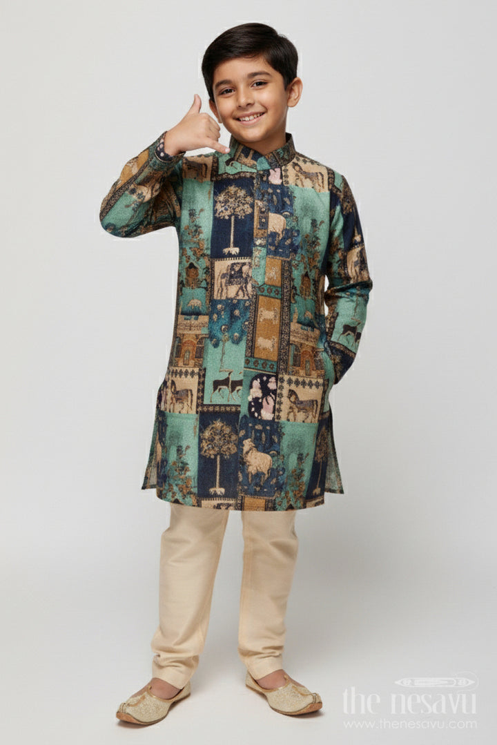 The Nesavu Boys Kurtha Set Boys Foil Print Kurta Set for Weddings and Festive Family Occasions Nesavu 16 (1Y) / Green BES853B-16 Nesavu boys foil print silk kurta set weddings ethnic family celebrations