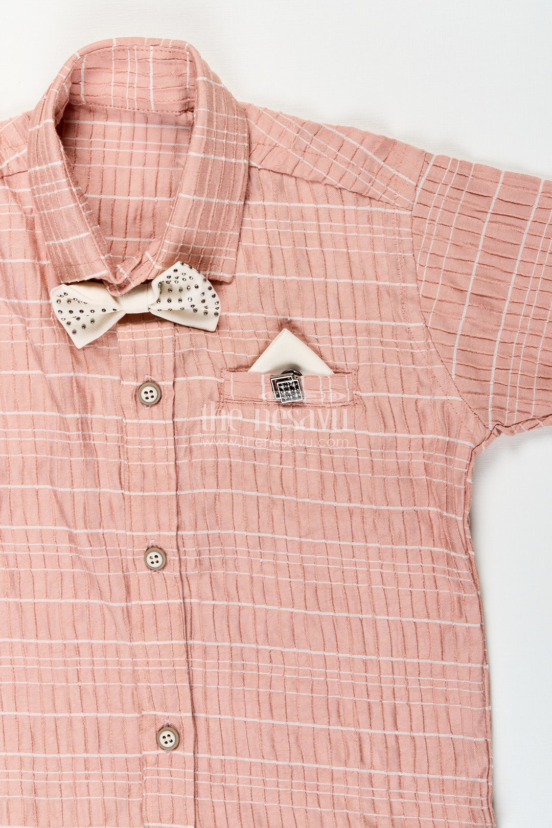 The Nesavu Boys Casual Set Boys Formal Casual Outfit with Bow Tie for Birthday Brunch Nesavu Nesavu boys crushed georgette shirt shorts set bow tie brunches birthdays