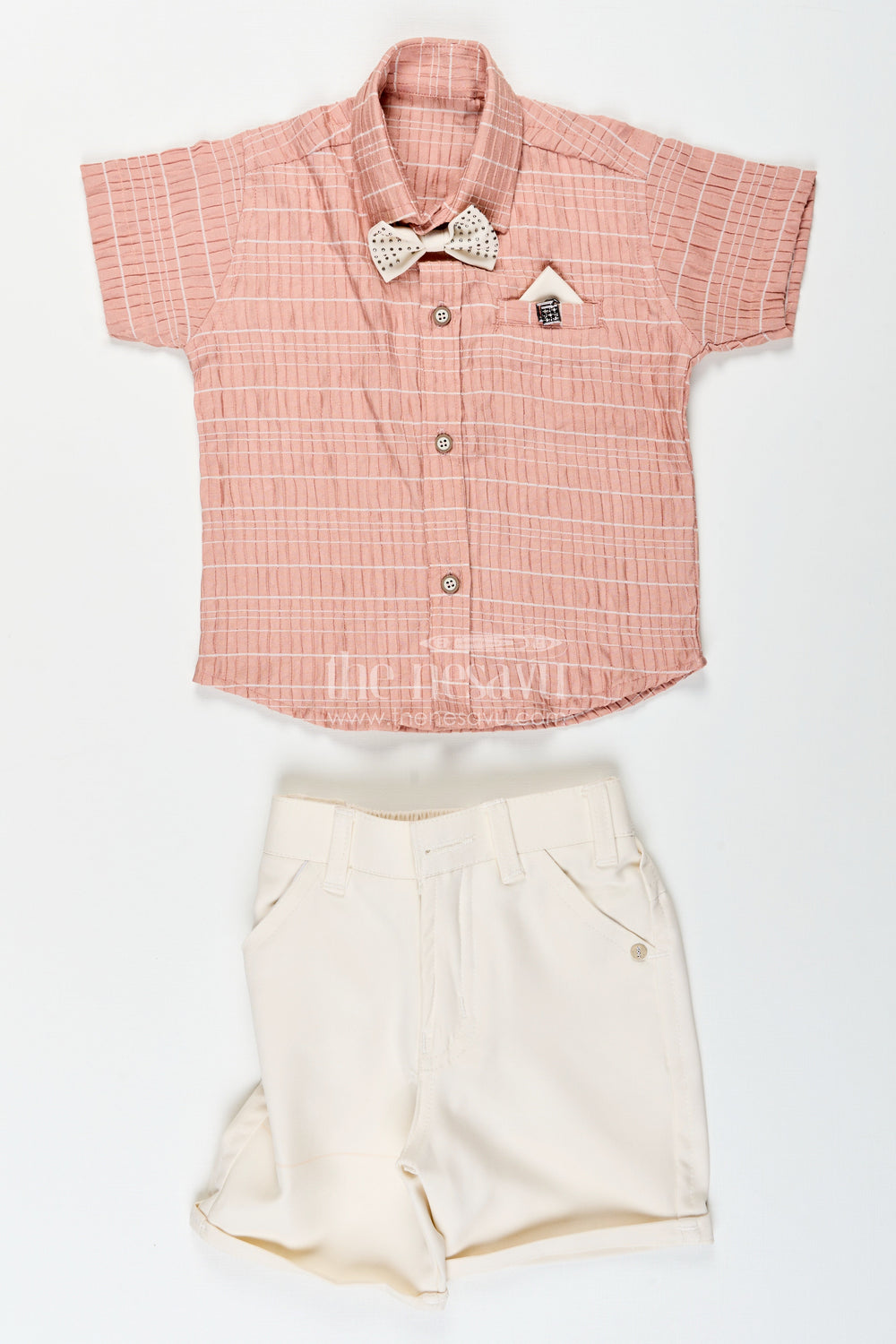 The Nesavu Boys Casual Set Boys Formal Casual Outfit with Bow Tie for Birthday Brunch Nesavu Nesavu boys crushed georgette shirt shorts set bow tie brunches birthdays