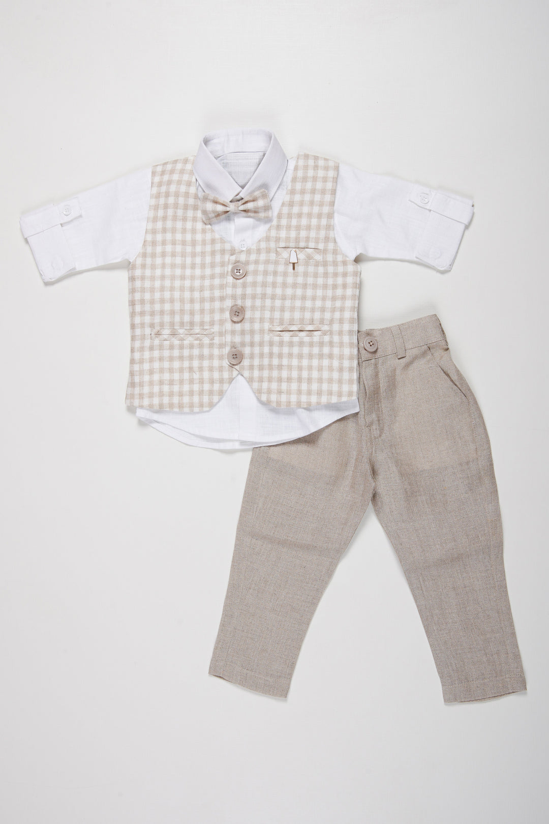 The Nesavu Boys Casual Set Boys Formal Checkered Jacket Set | Elegant Shirt, Grey Pants, and Bow Tie Combo for Boys Nesavu Kids Formal Wear Set | Boys Checkered Jacket and Grey Pants Outfit with Shirt | The Nesavu