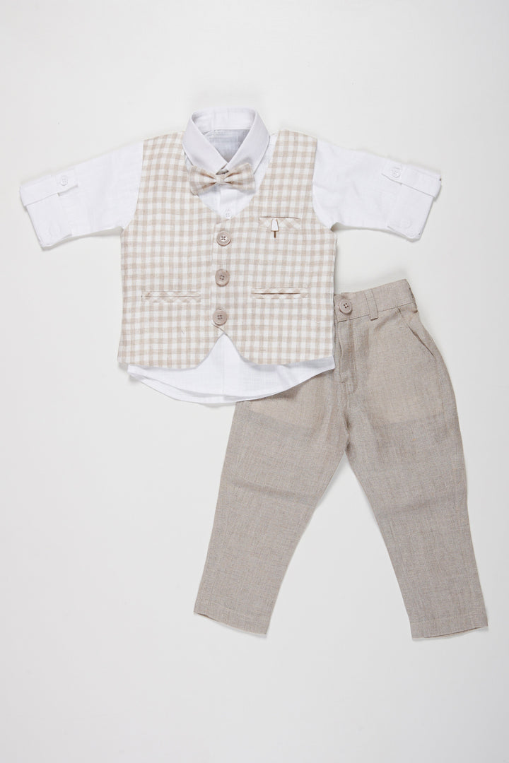 The Nesavu Boys Casual Set Boys Formal Checkered Jacket Set | Elegant Shirt, Grey Pants, and Bow Tie Combo for Boys Nesavu Kids Formal Wear Set | Boys Checkered Jacket and Grey Pants Outfit with Shirt | The Nesavu