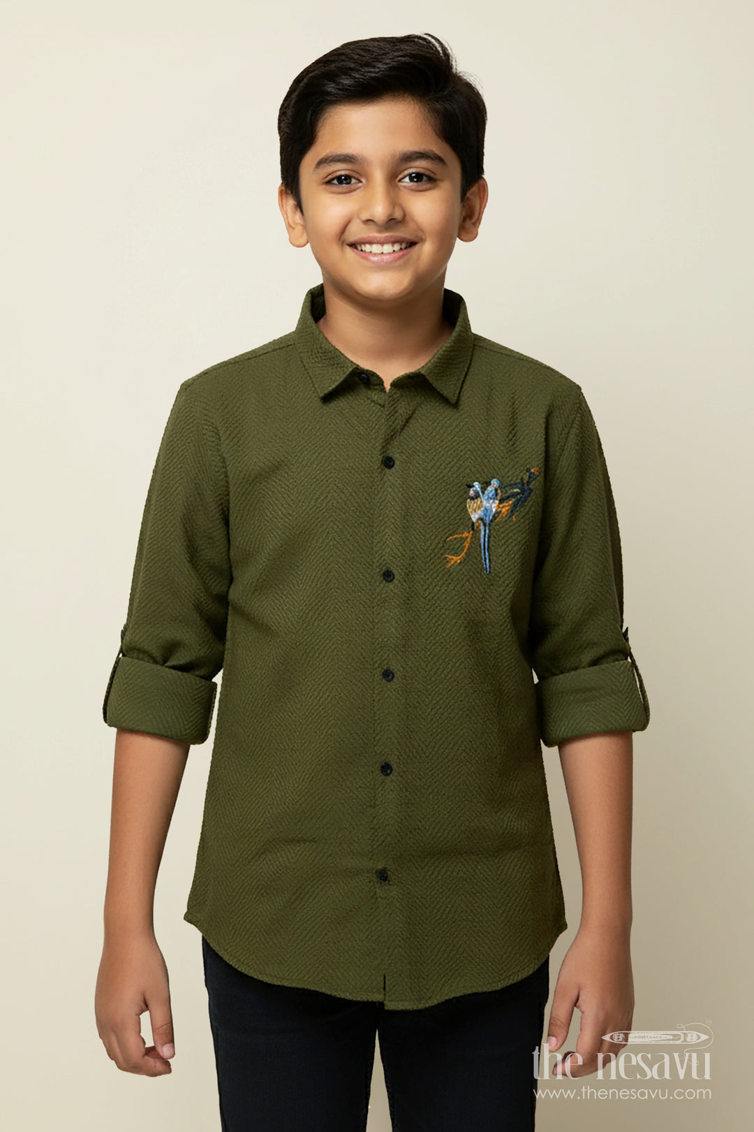 The Nesavu Boys Cotton Shirt Boys Full Sleeve Shirt for Festive Functions and Ethnic School Days Nesavu 30 (8Y) / Green BS348A-30 Nesavu boys festive shirt designer embroidery school ethnic days family celebrations