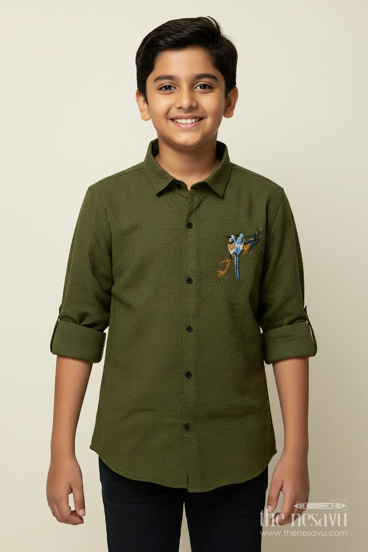 The Nesavu Boys Cotton Shirt Boys Full Sleeve Shirt for Festive Functions and Ethnic School Days Nesavu 30 (8Y) / Green BS348A-30 Nesavu boys festive shirt designer embroidery school ethnic days family celebrations