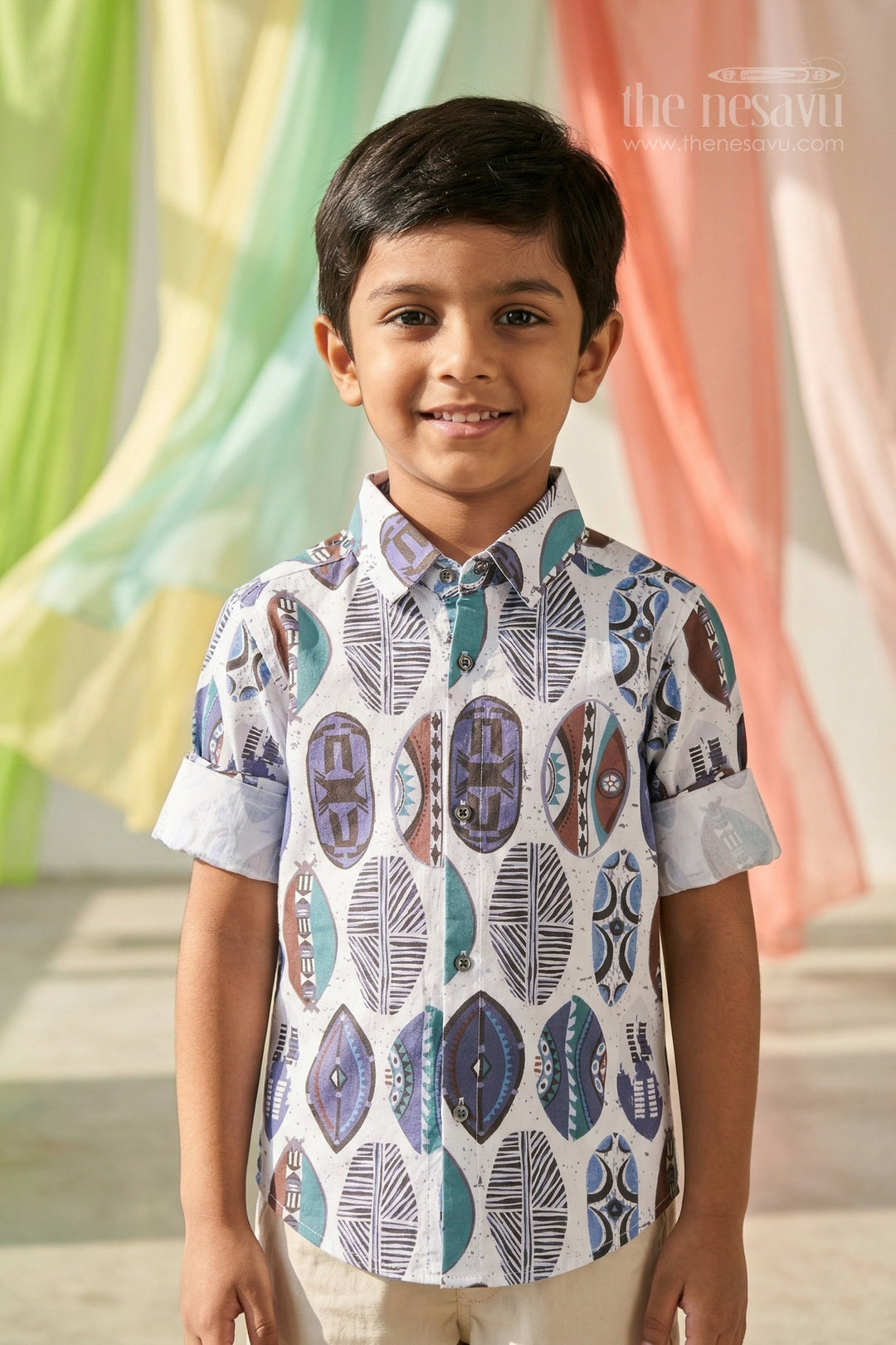 The Nesavu Boys Cotton Shirt Boys Geometric Digital Print Cotton Shirt for Casual Outings and Everyday Wear Nesavu 20 (3Y) / Blue / Cotton BS419A-20 Nesavu boys cotton geometric digital print shirt for casual outings and stylish everyday wear