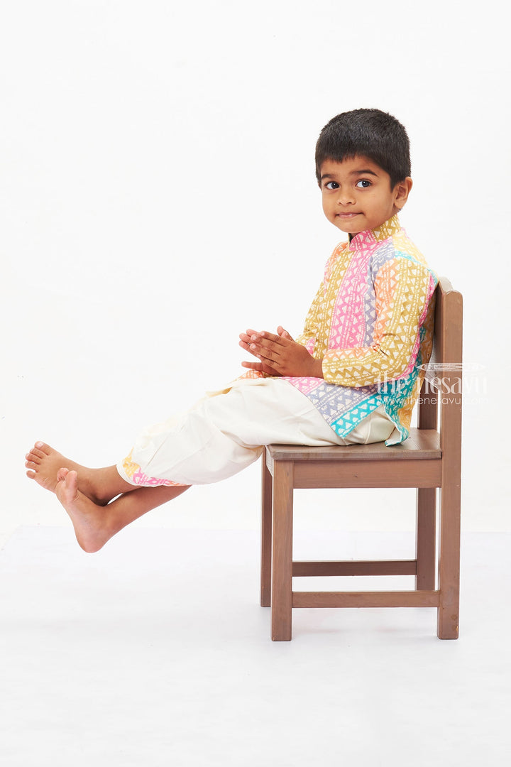 The Nesavu Boys Dothi Set Boys Geometric Print Kurta and Dhoti Set - Colorful Traditional Attire Nesavu 10 (NB) / multicolor / Viscose Silk BES518A-10 Boys Geometric Printed Kurta and Dhoti Set | Festive Wear Collection | The Nesavu