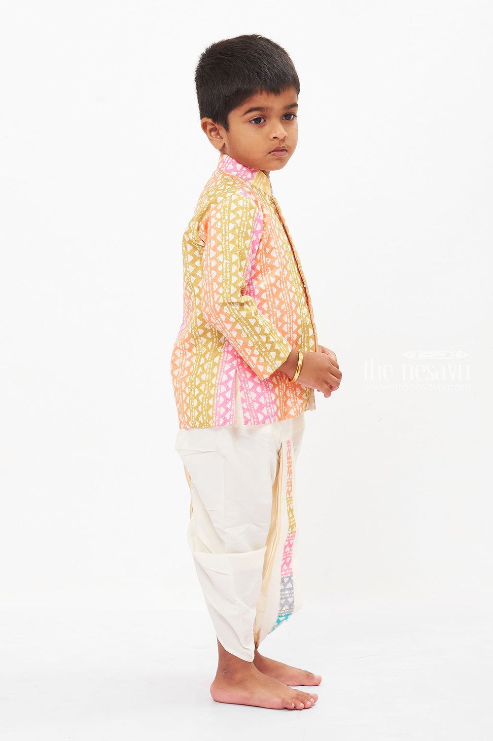 The Nesavu Boys Dothi Set Boys Geometric Print Kurta and Dhoti Set - Colorful Traditional Attire Nesavu Boys Geometric Printed Kurta and Dhoti Set | Festive Wear Collection | The Nesavu