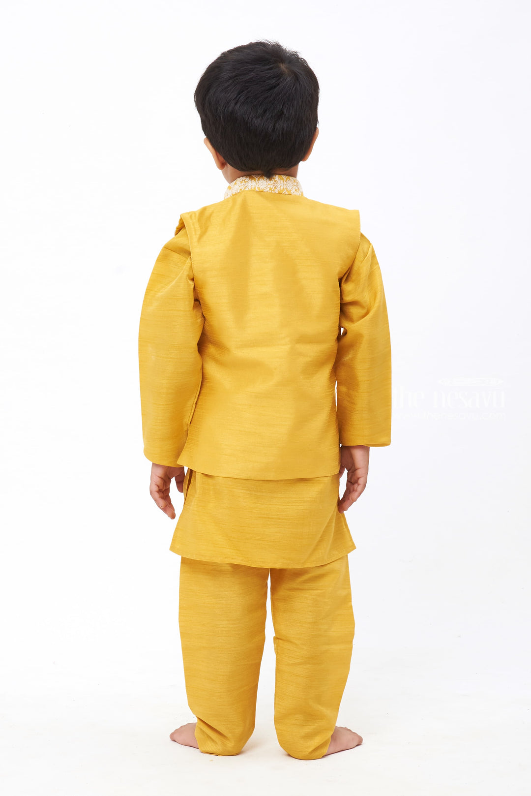 The Nesavu Boys Jacket Sets Boys Golden-Hued Kurta with Sequin Embroidered Overcoat & Matching Trousers Nesavu Boys Golden Ensemble | Sequin Embroidered Overcoat & Kurta with Trousers | The Nesavu