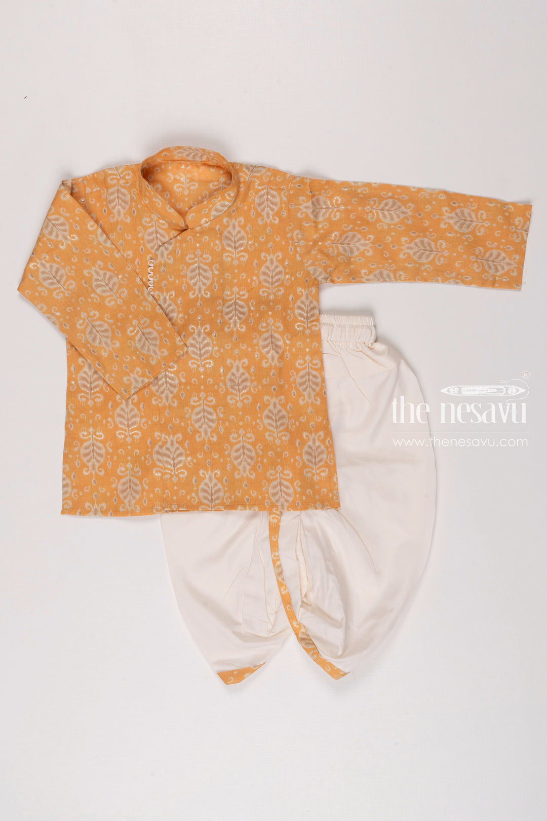 The Nesavu Boys Dothi Set Boys Goldenrod Leaf Print Kurta with White Dhoti Set Nesavu 12 (3M) / Yellow / Cotton BES485C-12 Boys Festive Goldenrod Kurta White Dhoti Set | Traditional Celebratory Attire | The Nesavu