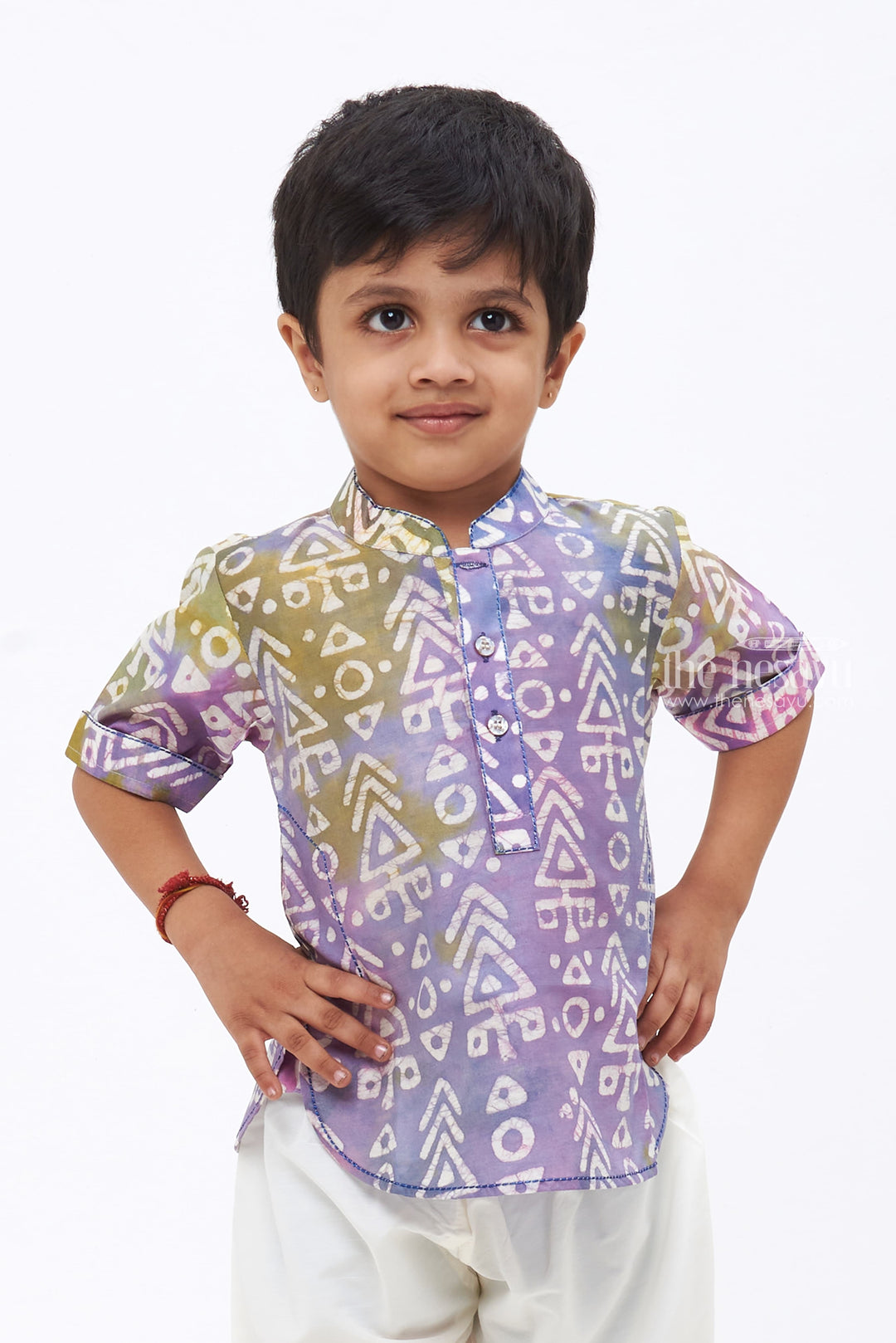 The Nesavu Boys Kurtha Shirt Boys Gradient Purple Cotton Shirt with Triangular Patterns Nesavu 16 (1Y) / Purple / Chanderi BS115A-16 Boys Purple Cotton Shirt | Triangular Motif Design | Modern Casual Apparel | The Nesavu