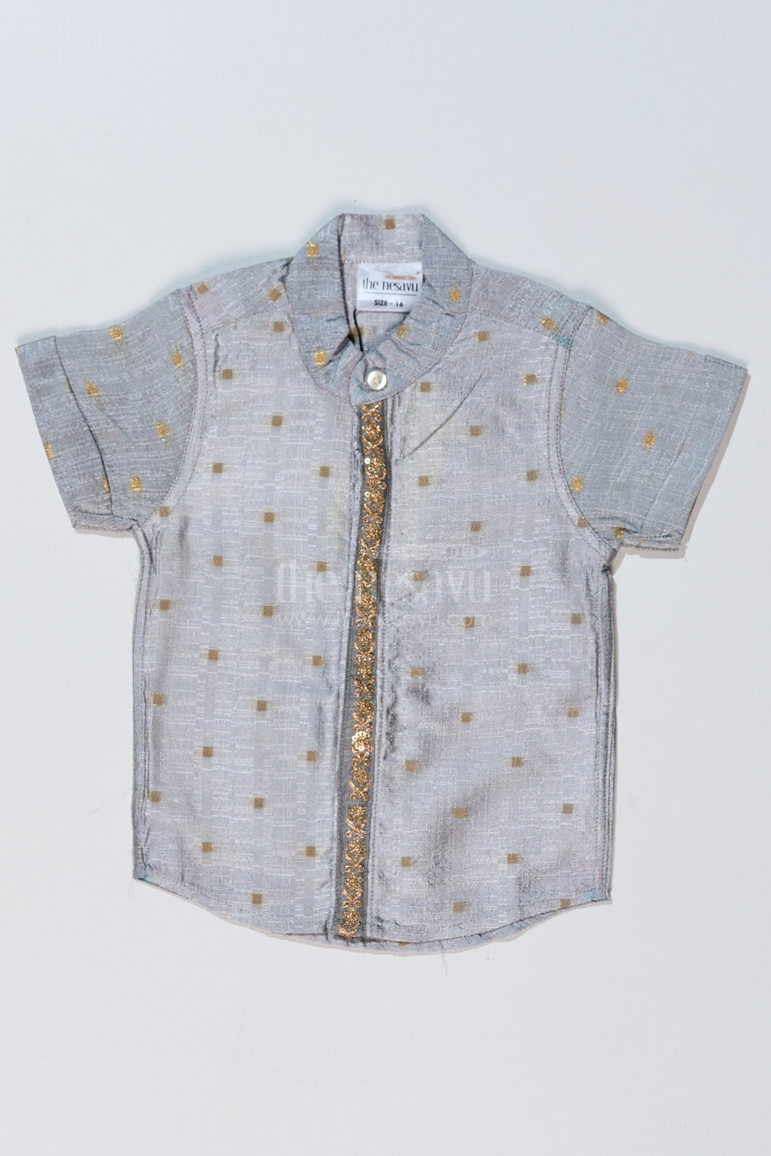The Nesavu Boys Silk Shirt Boys Gray Silk Shirt with Embroidered Front Panel and Short Sleeves for Traditional and Festive Wear Nesavu 16 (1Y) / Gray BS238A-16 Nesavu Boys Gray Silk Shirt Embroidered Panel Mandarin Collar Festive Wear