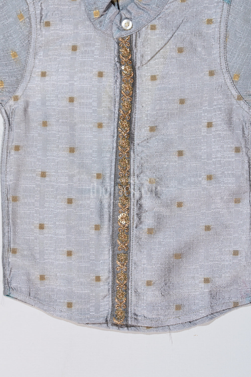 The Nesavu Boys Silk Shirt Boys Gray Silk Shirt with Embroidered Front Panel and Short Sleeves for Traditional and Festive Wear Nesavu Nesavu Boys Gray Silk Shirt Embroidered Panel Mandarin Collar Festive Wear