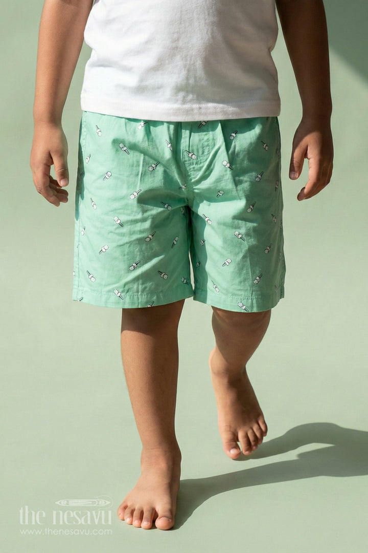 The Nesavu Boys Shorts Boys Green Cotton Trouser Shorts with Microphone Motif Digital Print and Flexible Waist Fit Nesavu 18 (2Y) / Green BWS038A-18 Nesavu Boys Green Cotton Trouser Shorts Microphone Print Soft Comfortable Fit