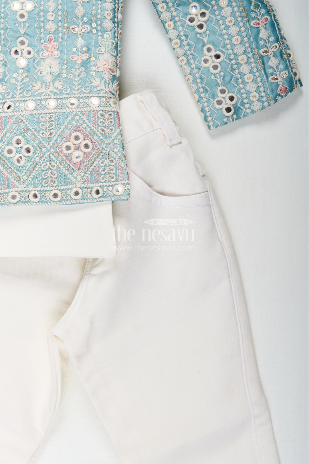 The Nesavu Boys Jacket Sets Boys green embroidered jacket set with white kurta pajama Nesavu Nesavu boys light green jacket kurta set with thread embroidery