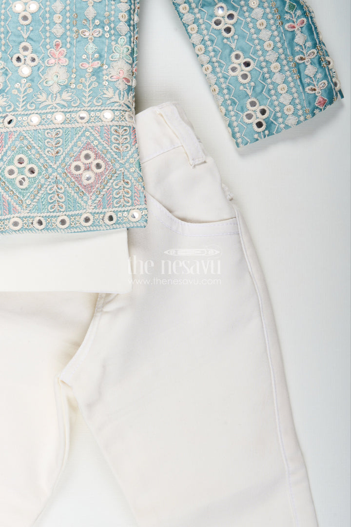 The Nesavu Boys Jacket Sets Boys green embroidered jacket set with white kurta pajama Nesavu Nesavu boys light green jacket kurta set with thread embroidery
