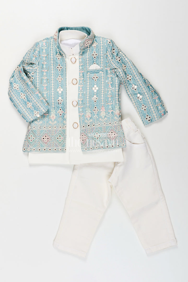 The Nesavu Boys Jacket Sets Boys green embroidered jacket set with white kurta pajama Nesavu Nesavu boys light green jacket kurta set with thread embroidery