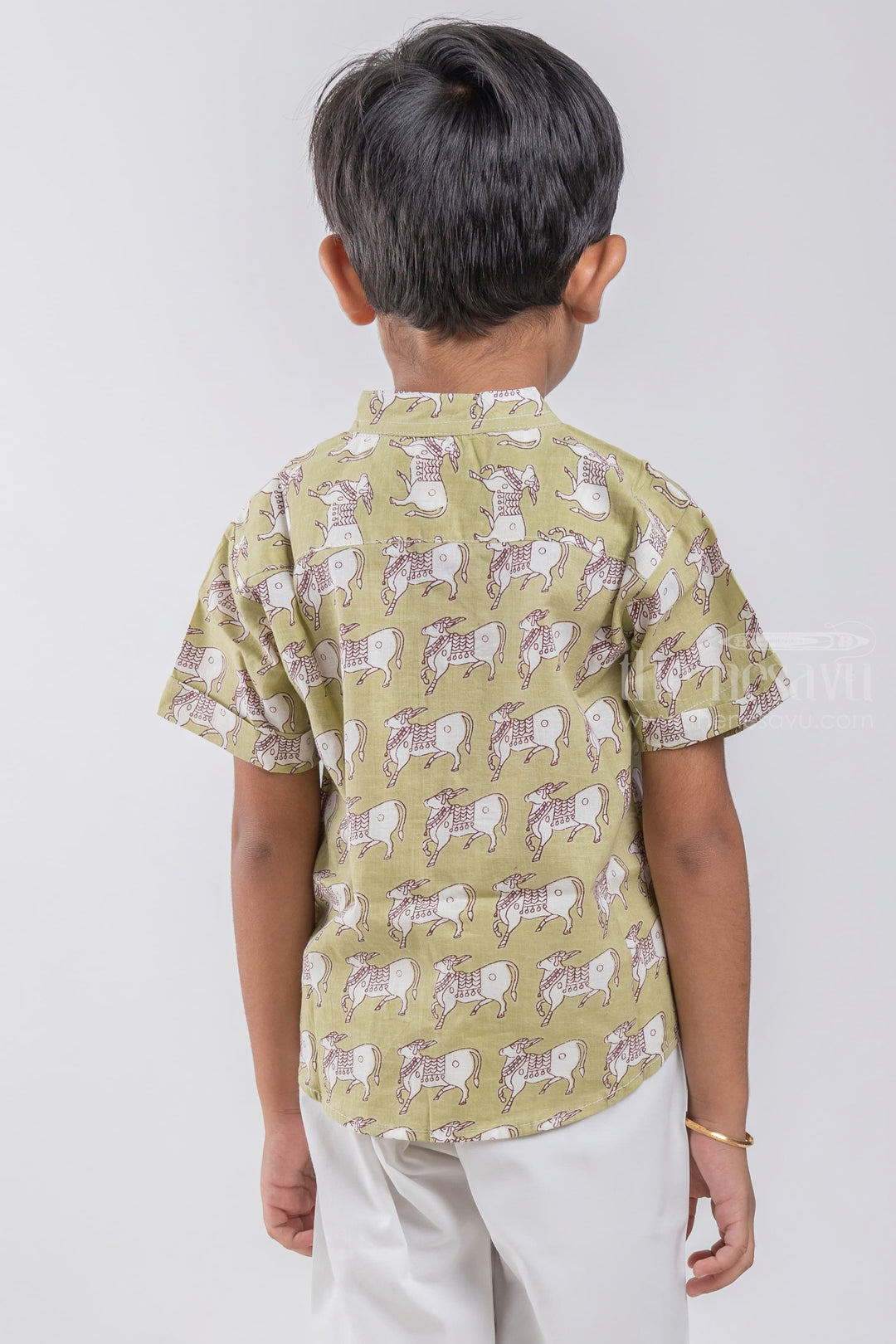 The Nesavu Boys Cotton Shirt Boys Green Pitchwai Cow Printed Casual Cotton Shirt by The Nesavu psr silks Nesavu