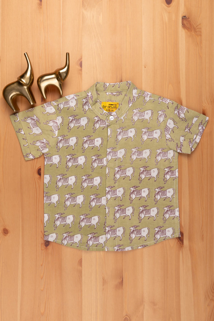 The Nesavu Boys Cotton Shirt Boys Green Pitchwai Cow Printed Casual Cotton Shirt by The Nesavu psr silks Nesavu