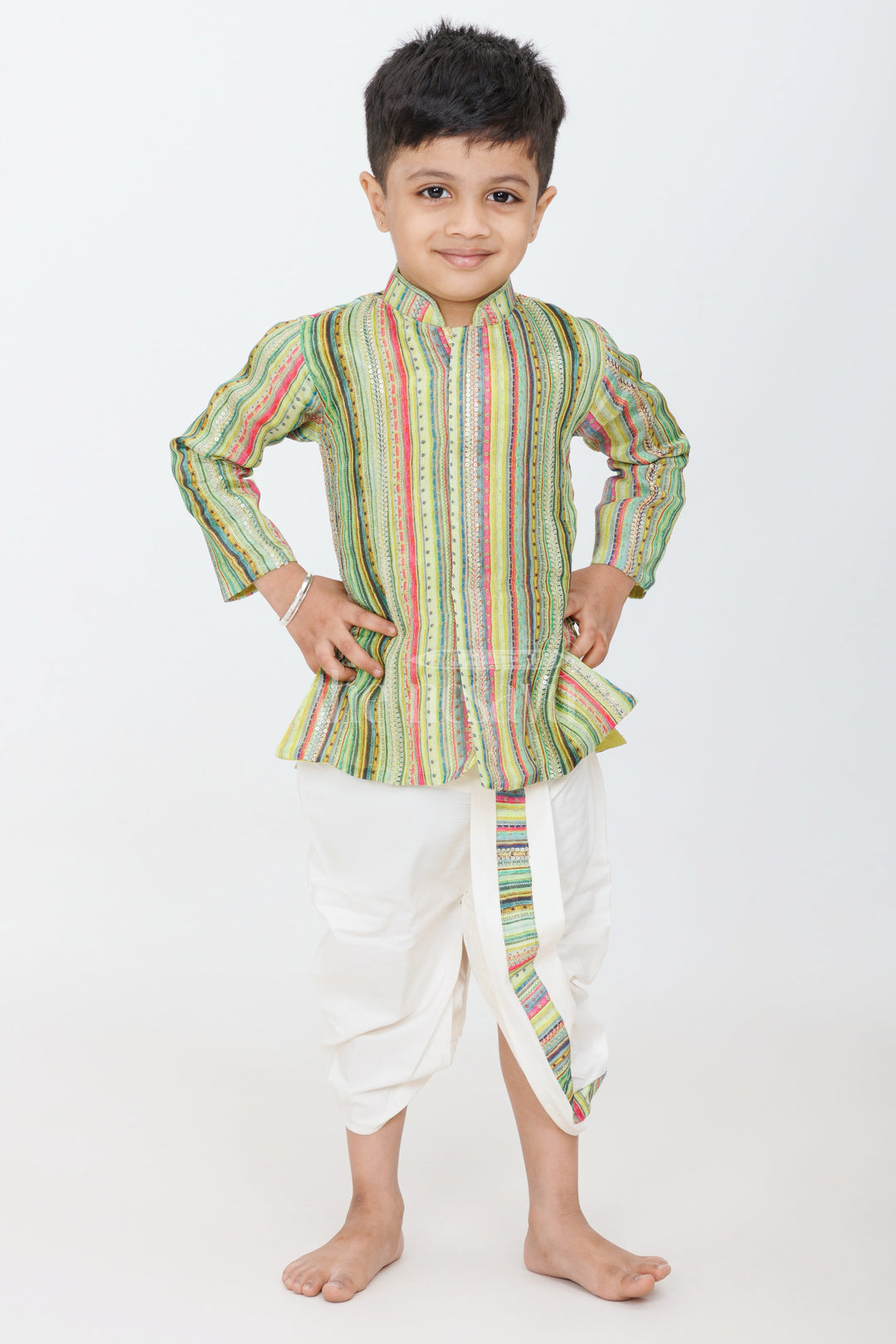 The Nesavu Boys Dothi Set Boys Green Pure Muslin Silk Dhoti Set with Multicolored Striped Kurta for Festive Occasions Nesavu 10 (NB) / Green BES596A-10 Nesavu Boys Green Muslin Silk Dhoti Set Multicolored Striped Kurta Festivals Celebrations