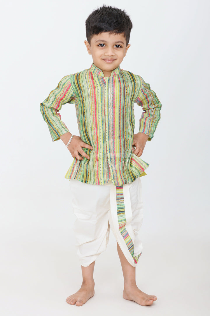 The Nesavu Boys Dothi Set Boys Green Pure Muslin Silk Dhoti Set with Multicolored Striped Kurta for Festive Occasions Nesavu 10 (NB) / Green BES596A-10 Nesavu Boys Green Muslin Silk Dhoti Set Multicolored Striped Kurta Festivals Celebrations
