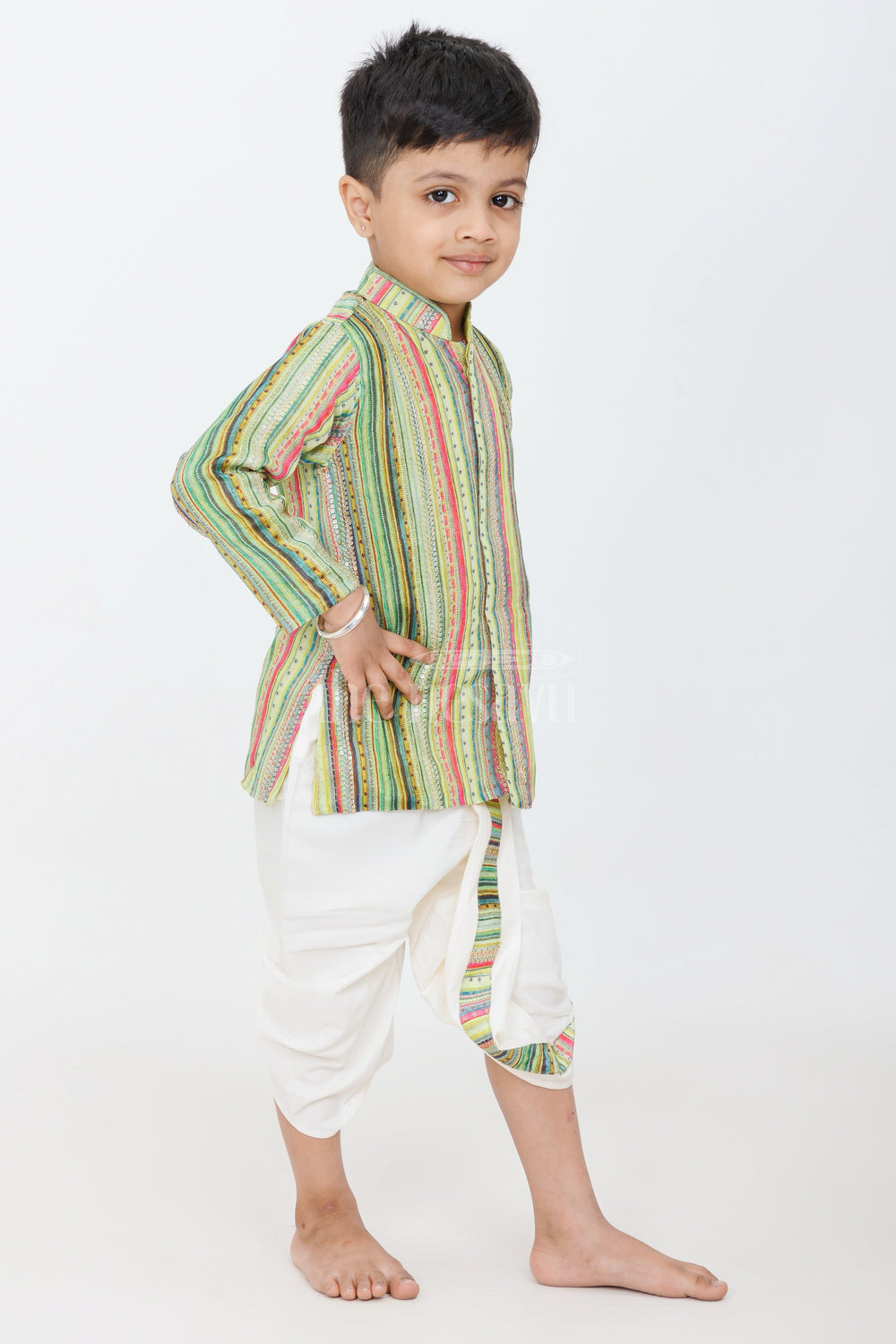 The Nesavu Boys Dothi Set Boys Green Pure Muslin Silk Dhoti Set with Multicolored Striped Kurta for Festive Occasions Nesavu Nesavu Boys Green Muslin Silk Dhoti Set Multicolored Striped Kurta Festivals Celebrations