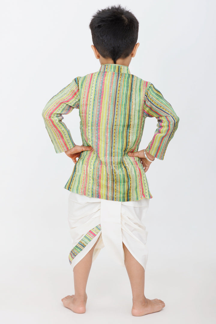 The Nesavu Boys Dothi Set Boys Green Pure Muslin Silk Dhoti Set with Multicolored Striped Kurta for Festive Occasions Nesavu Nesavu Boys Green Muslin Silk Dhoti Set Multicolored Striped Kurta Festivals Celebrations