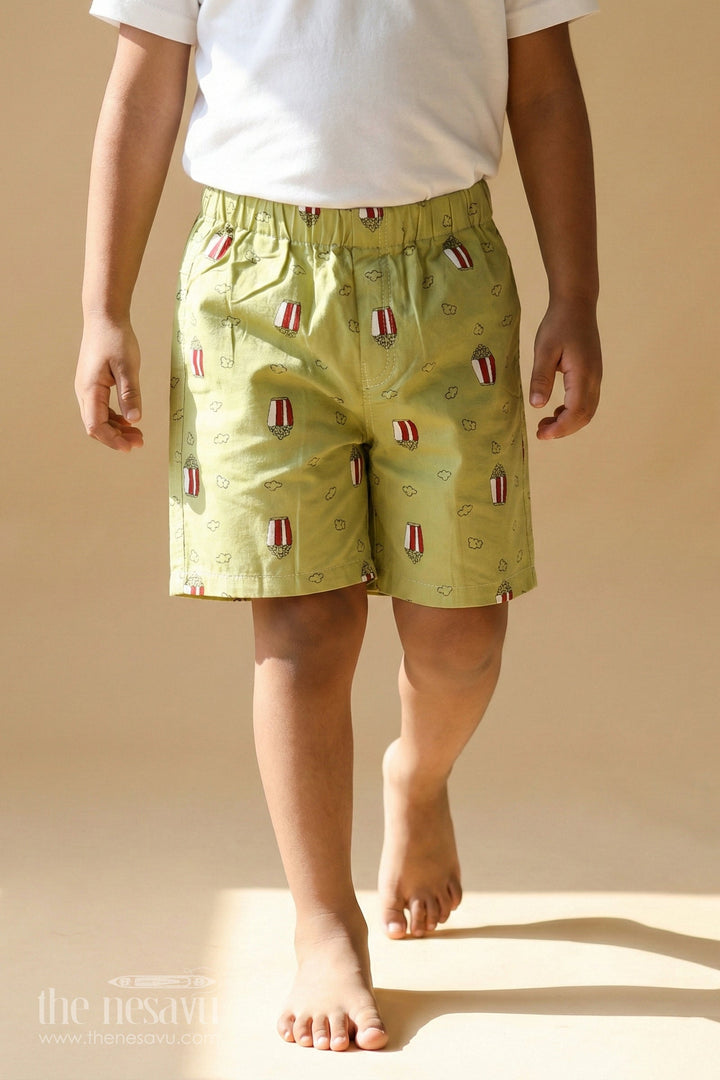 The Nesavu Boys Shorts Boys Green Short Shorts with Popcorn Digital Prints and Stretchy Waistband in Soft Cotton Fabric Nesavu 18 (2Y) / Green BWS026A-18 Nesavu Boys Green Cotton Short Shorts Popcorn Digital Print Easy Fit Active Days