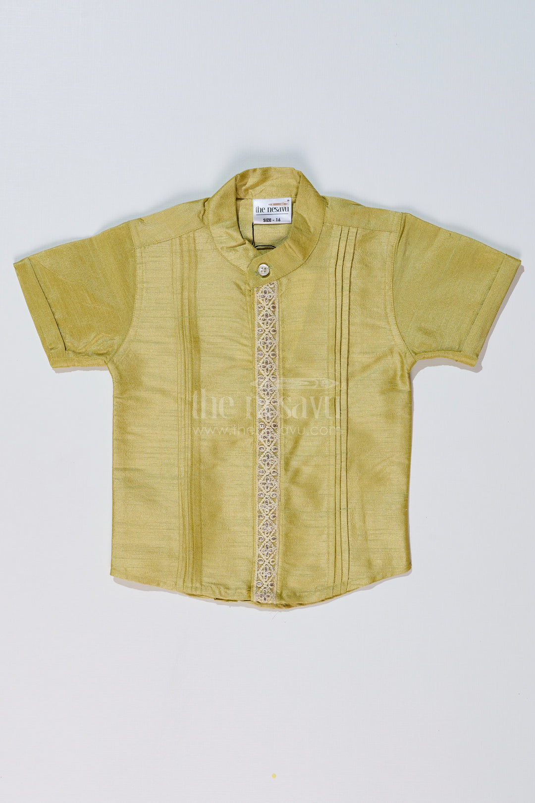 The Nesavu Boys Silk Shirt Boys Green Silk Shirt with Half Sleeves and Embroidered Detailing for Ethnic and Festive Wear Nesavu 16 (1Y) / Green BS234A-16 Nesavu Boys Green Silk Shirt Half Sleeves Embroidered Front Panel Festive Wear
