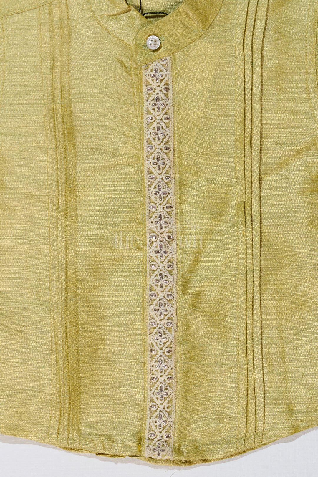The Nesavu Boys Silk Shirt Boys Green Silk Shirt with Half Sleeves and Embroidered Detailing for Ethnic and Festive Wear Nesavu Nesavu Boys Green Silk Shirt Half Sleeves Embroidered Front Panel Festive Wear