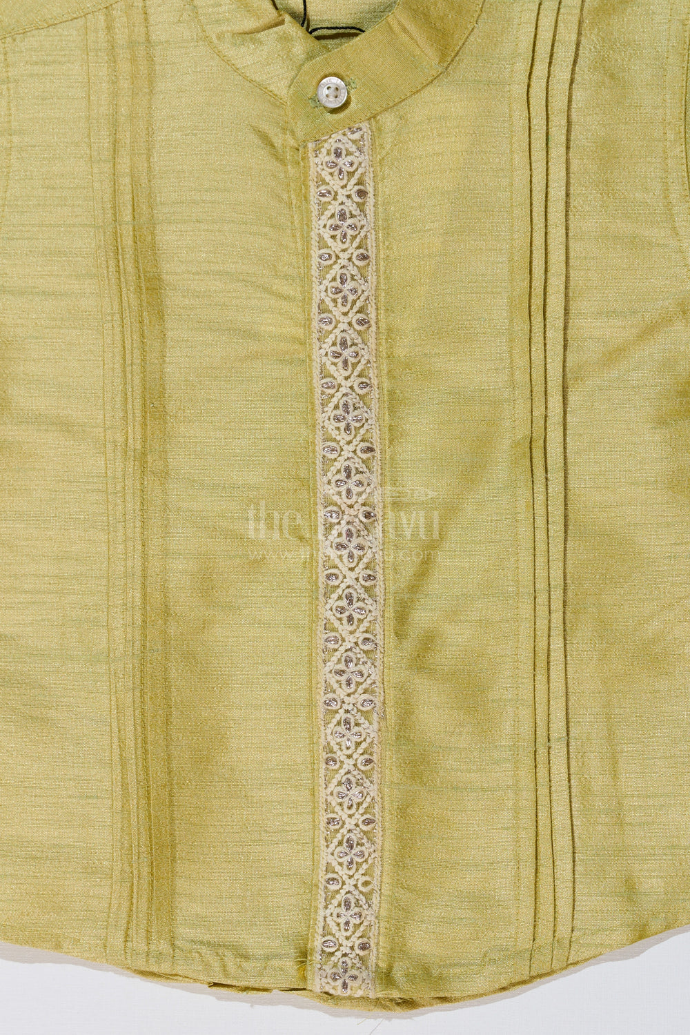 The Nesavu Boys Silk Shirt Boys Green Silk Shirt with Half Sleeves and Embroidered Detailing for Ethnic and Festive Wear Nesavu Nesavu Boys Green Silk Shirt Half Sleeves Embroidered Front Panel Festive Wear