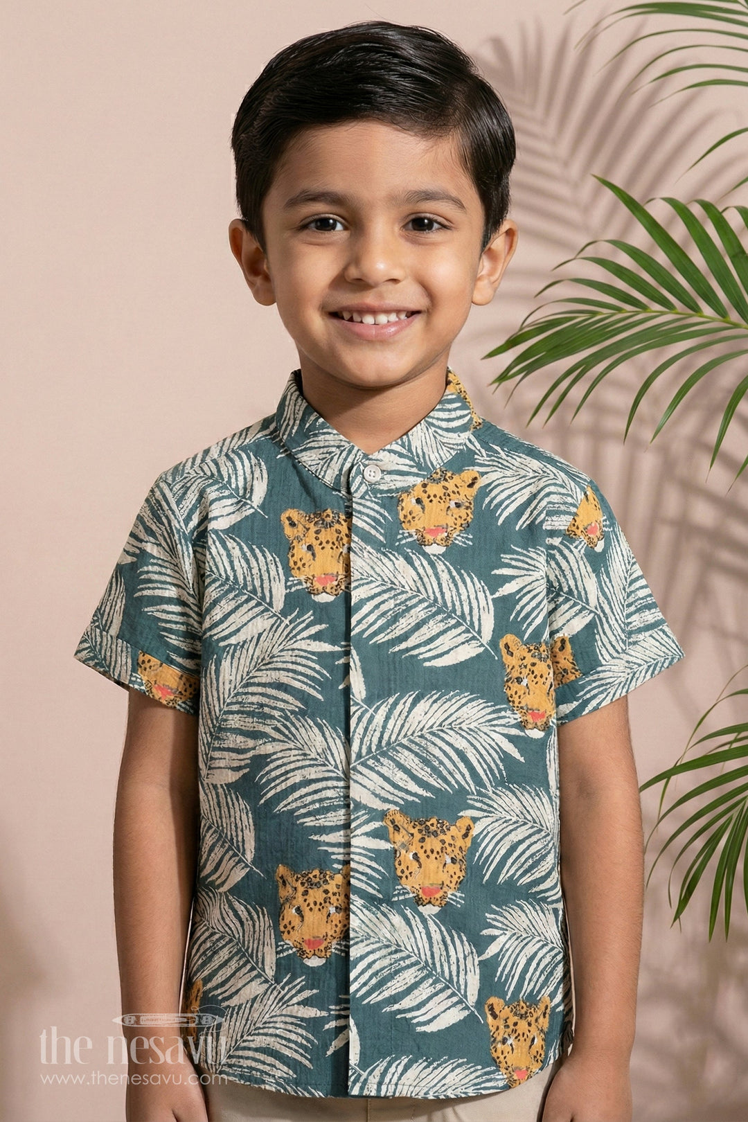 The Nesavu Boys Cotton Shirt Boys Green Wild Cotton Christmas Shirt with Leopard and Palm Print Nesavu 16 (1Y) / Multicolor BS211A-16 Nesavu Boys Green Leopard Palm Cotton Christmas Shirt Festive Celebrations