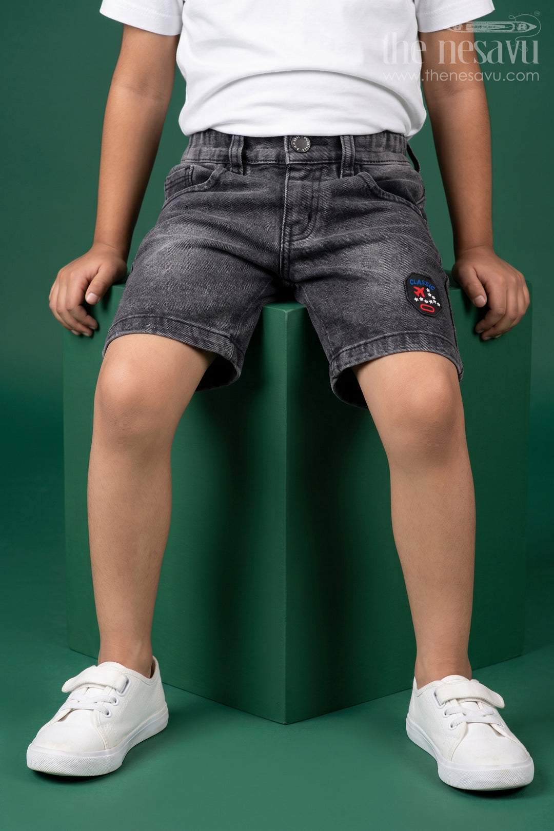 The Nesavu Boys Shorts Boys Grey Denim Shorts with Elastic Waistband Nesavu 16 (1Y) / Gray BWS011C-16 The Nesavu Boys Grey Denim Shorts with Elastic Waist