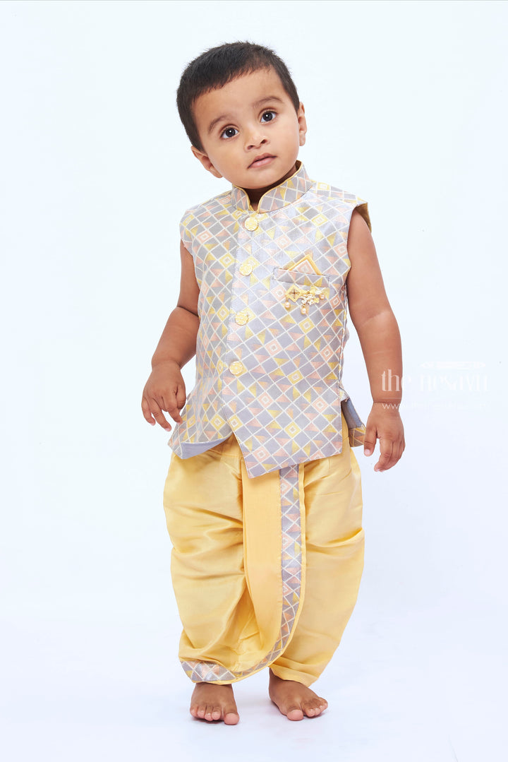 The Nesavu Boys Dothi Set Boys Grey Kurta with Yellow Dhoti Set - A Contemporary Twist on Classic Style Nesavu 12 (3M) / Gray / Silk Blend BES495A-12 Modern Grey Kurta and Yellow Dhoti Set for Boys | Festive Ethnic Wear | The Nesavu