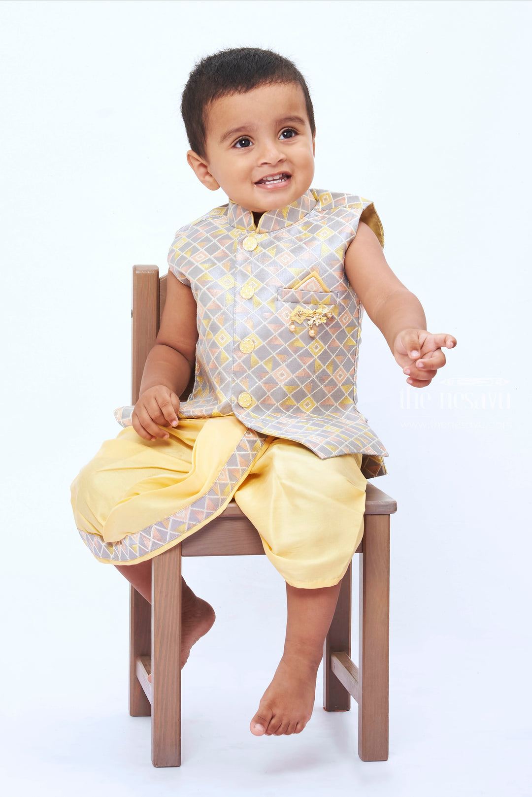 The Nesavu Boys Dothi Set Boys Grey Kurta with Yellow Dhoti Set - A Contemporary Twist on Classic Style Nesavu Modern Grey Kurta and Yellow Dhoti Set for Boys | Festive Ethnic Wear | The Nesavu