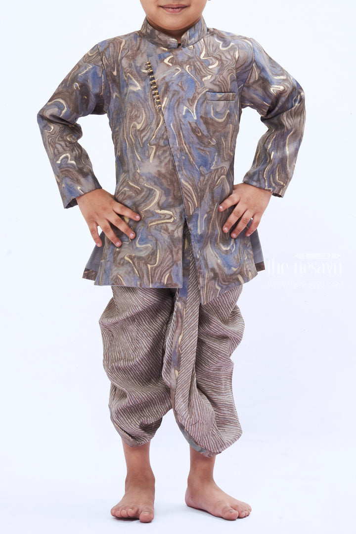The Nesavu Boys Dothi Set Boys Grey Swirl Kurta with Textured Dhoti Set Nesavu Boys Elegant Midnight Blue Kurta Dhoti Set | Sophisticated Ethnic Wear | The Nesavu