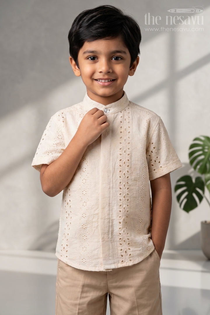 The Nesavu Boys Cotton Shirt Boys Hakoba Shirt for Summer Vacations and Special Day Outings Nesavu 16 (1Y) / Cream / Chanderi BS507A-16 Nesavu Boys Hakoba Shirt For Summer Vacations Family Outings And Special Occasions