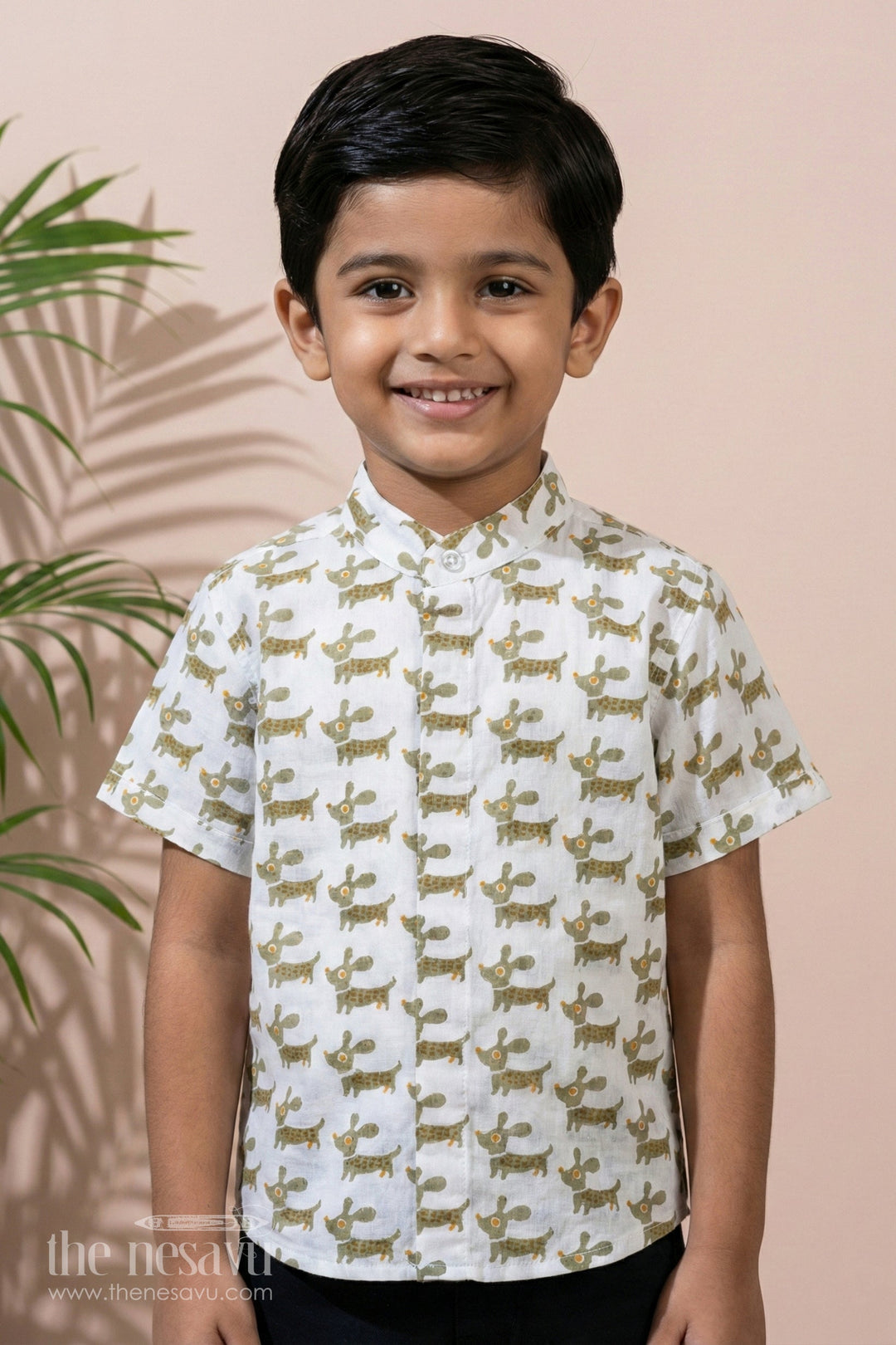 The Nesavu Boys Cotton Shirt Boys Half Hand Printed Shirt in Cotton Block Print with Playful Dog Motif Nesavu 16 (1Y) / Gray BS245C-16 Boys Half Hand Printed Shirt Cotton Block Print Dog Pattern | The Nesavu