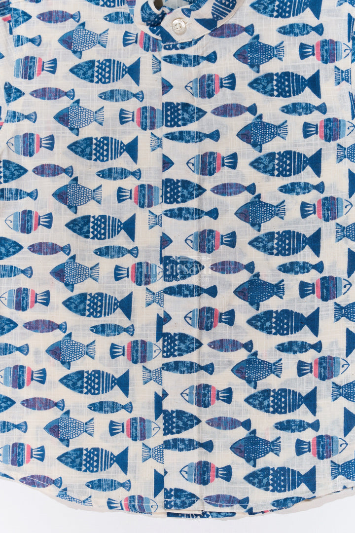The Nesavu Boys Cotton Shirt Boys Half Hand Printed Shirt in Pure Cotton with Nautical Fish Motifs for a Trendy Look Nesavu Nesavu Boys Half Hand Printed Cotton Shirt Nautical Fish Motifs Casual Style
